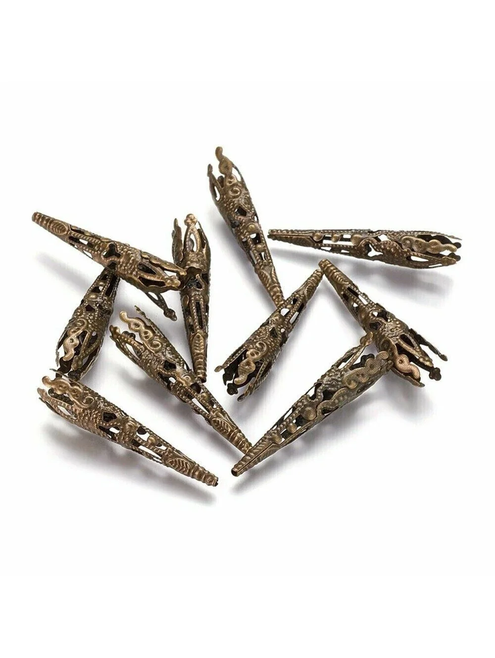 Lacy Filigree Antiqued Brass Bronze Long Tapered Goth Victorian Bead Caps 10 pcs
